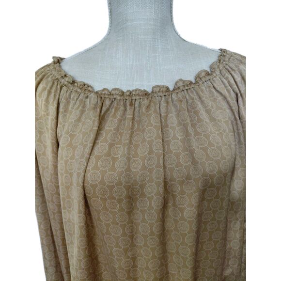 Michael Michael Kors Light Brown Long Puff Sleeve All Over MK Logo Blouse Size 4 - Picture 1 of 10